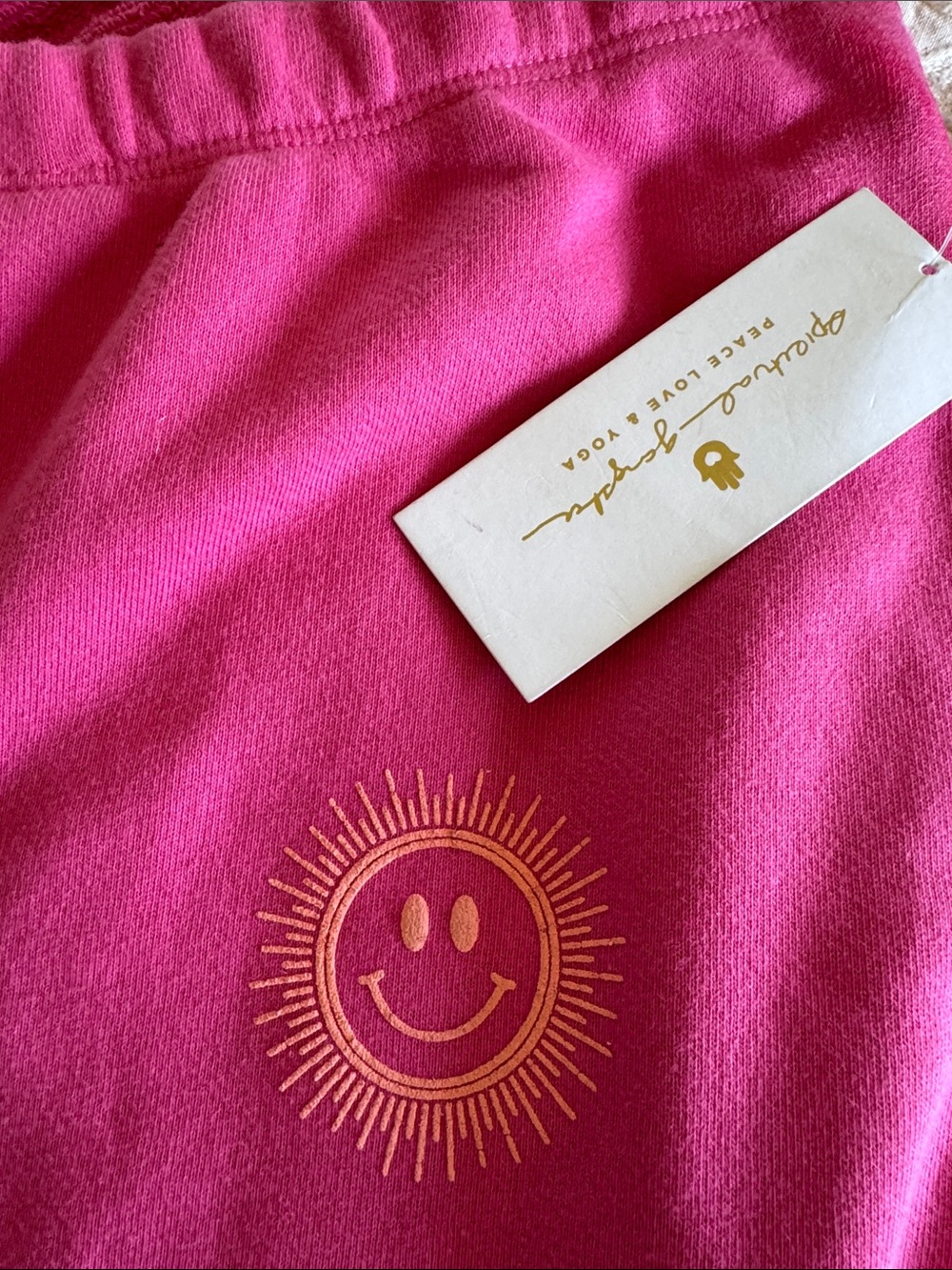 Spiritual Gangster Pink Sun Smiley Sweatpants with Gold Smiley Sun